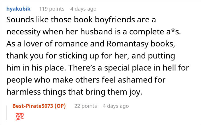 Reddit comments discussing a woman&rsquo;s enjoyment of spicy books causing tension with her husband at a party.