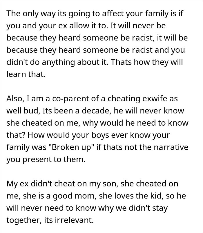 Text discussing family impact and co-parenting challenges after a wife&rsquo;s secret is exposed involving a black child.