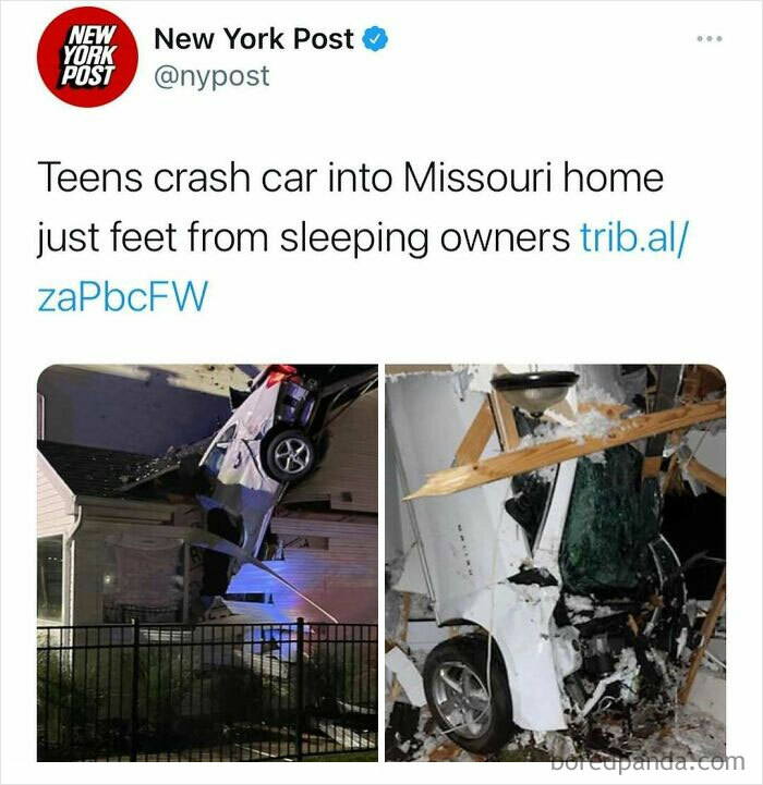 Teens crash car into Missouri home near sleeping owners, showing unhinged news headlines from America with shocking accidents and damage.