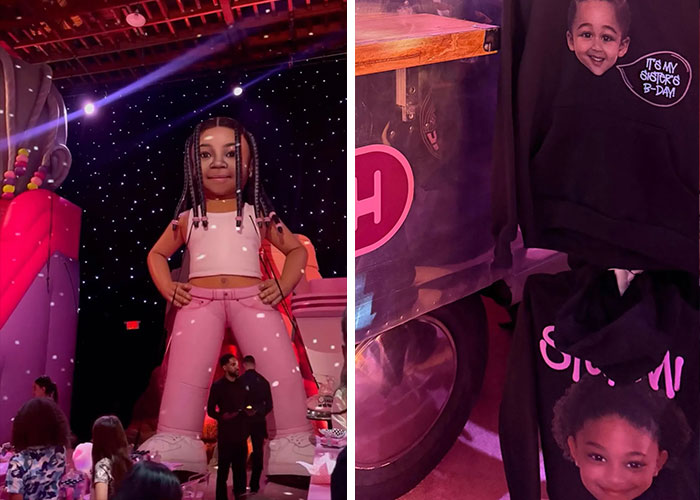 Kids&rsquo; birthday party decorations featuring large character inflatables and themed apparel amid controversy over Travis Scott and Kylie Jenner.