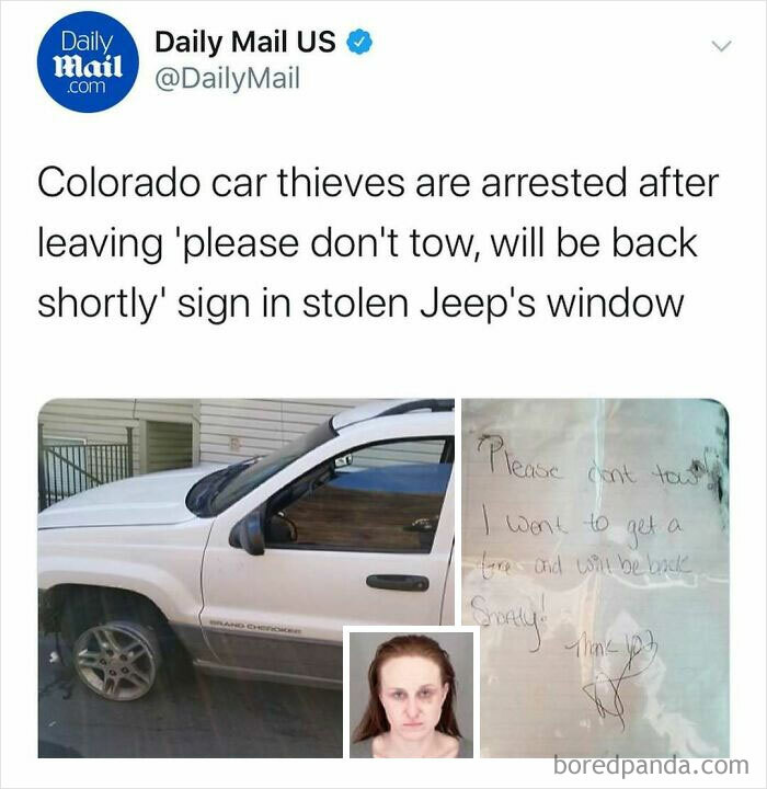 Tweet from Daily Mail US about Colorado car thieves arrested after leaving a note, illustrating unhinged news headlines in America.