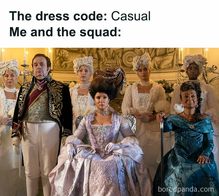 Bridgerton meme showing a group dressed in elaborate period costumes contrasting a casual dress code.
