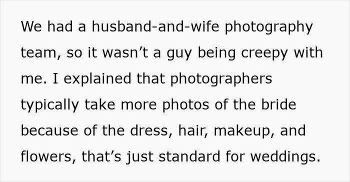 Text excerpt discussing a wife's feelings about her wedding look and her husband's reaction during photography.