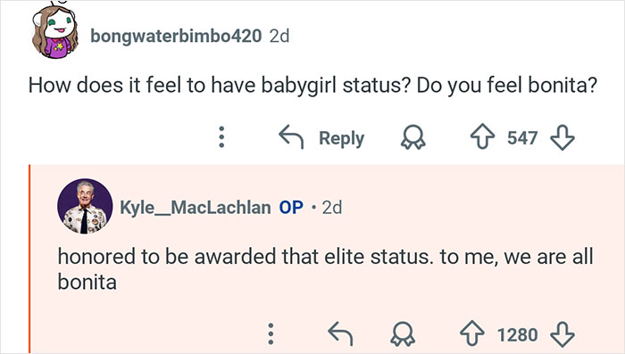 Kyle MacLachlan from Twin Peaks replying to a fan comment about baby girl status and feeling bonita.