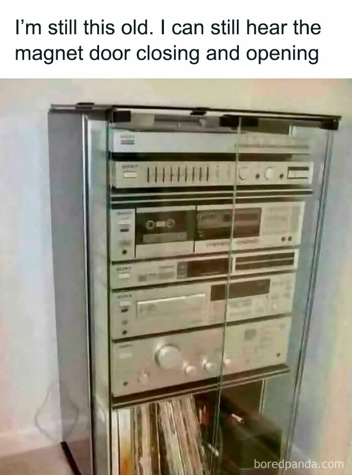 Vintage stereo system with magnet door closing, evoking nostalgic pics and references from past decades.