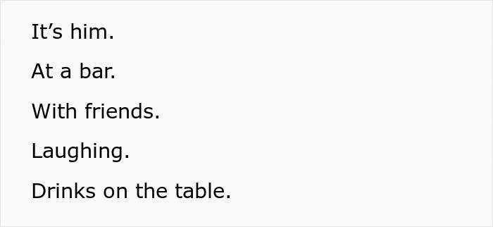 Text showing a first date at a bar where a guy laughs with friends and drinks are on the table, hinting at a fake emergency test.