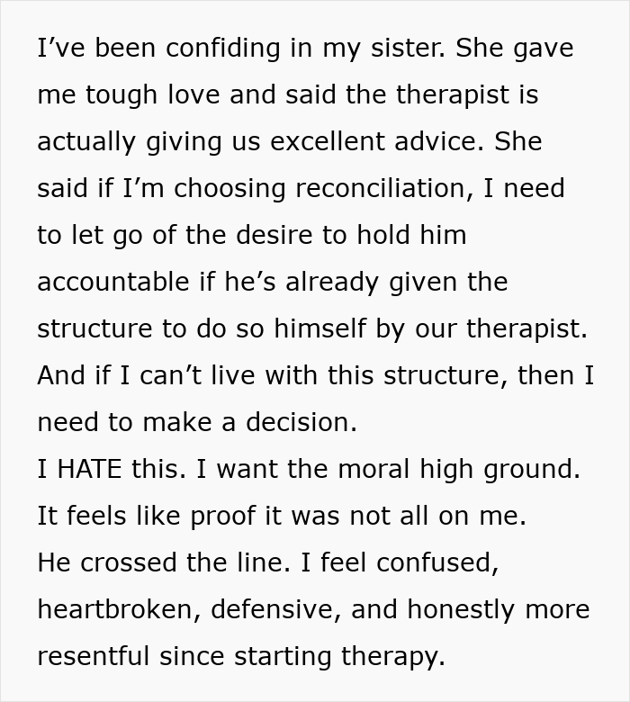 Text showing a woman&rsquo;s emotional confession about her cheating husband and advice from a fair therapist online.