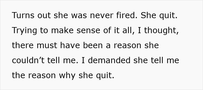 Text excerpt revealing a girlfriend who quit her job but pretended to go to work, leaving her boyfriend mortified.