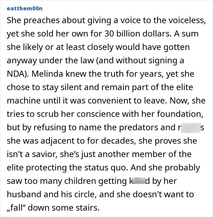 Text post discussing Melinda French Gates and allegations related to Bill Gates amid Epstein files controversy. Text post discussing Melinda French Gates and allegations related to Bill Gates amid Epstein files controversy.
