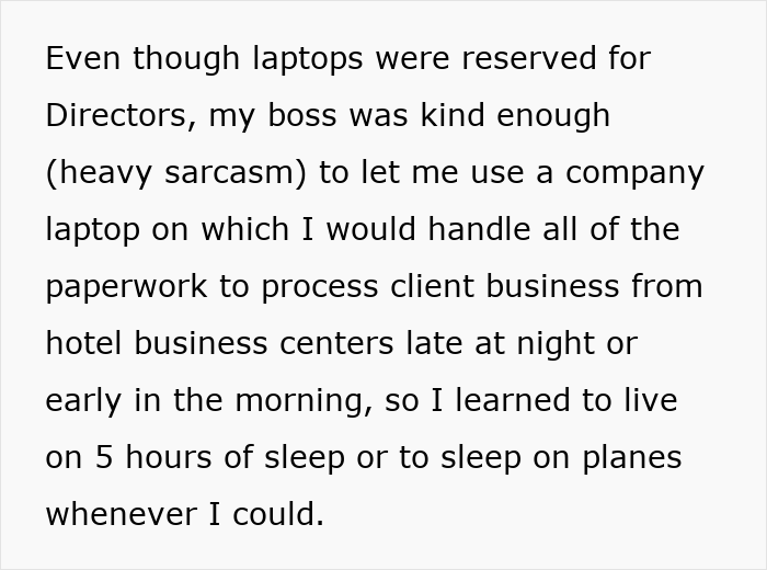 Employee delivers record results using company laptop late nights, plotting exit as boss gives excuses instead of a bonus.