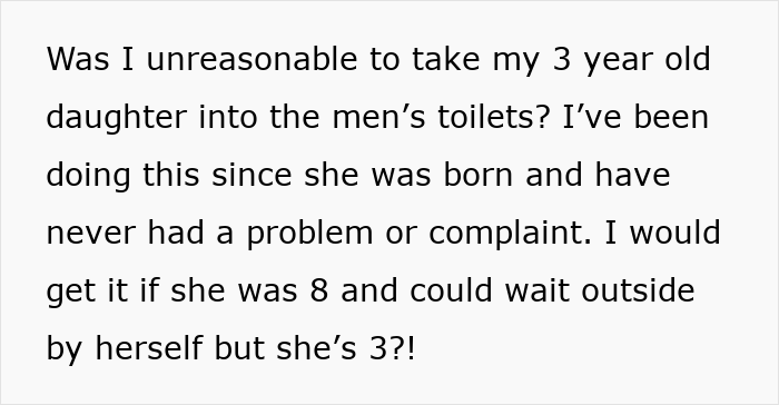 Text post discussing a dad taking his 3-year-old daughter into a men&rsquo;s toilet and encountering drama.