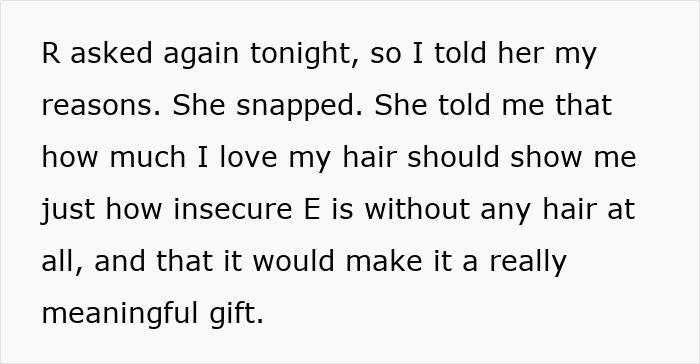 Text showing a conversation about cutting long hair for a sister&rsquo;s wig and the conflict when the request is refused.