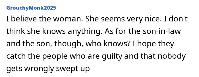 Screenshot of online comment expressing belief in the woman and hope for justice in Nancy Guthrie kidnapping case.