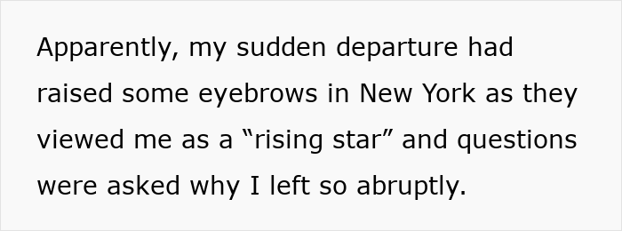 Text on a plain white background describing a rising star employee’s sudden departure after delivering record results.