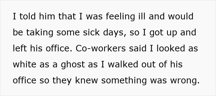 Text describing an employee feeling ill, taking sick days, and co-workers noticing his pale appearance as signs something was wrong.