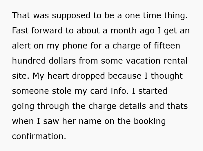 Text excerpt showing a person describing a suspicious credit card charge from a vacation rental, suspecting cousin card fraud.