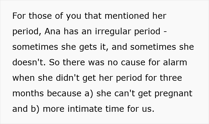 Text excerpt explaining irregular periods and pregnancy concerns in a lesbian couple facing partner pregnancy confusion.