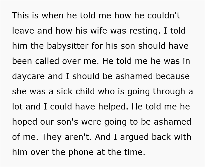 Text of a cheating guy arguing over phone about his ex-wife not being a limo driver for his new kid, facing reality check.