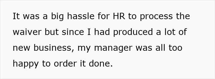 Text on a white background reading about an employee producing new business while facing HR processing hassles from management.