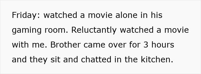 Text on a white background reads a partner&rsquo;s experience as her guy schedules a fourth hobby before breakfast and ignores her presence.