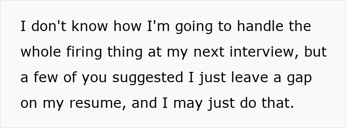 Text on plain white background discussing handling firing and resume gaps during job interviews, related to man fired over crude drawing.