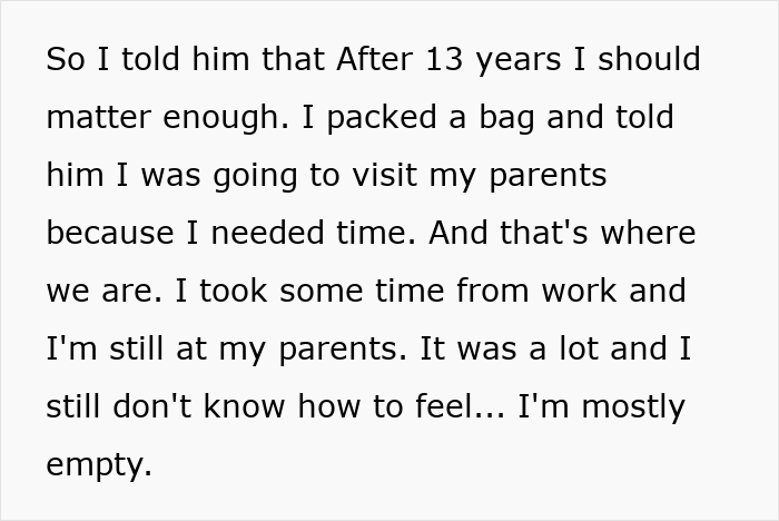 Text excerpt about feeling empty after discovering husband best friend cheating, packing bag, and visiting parents for support.