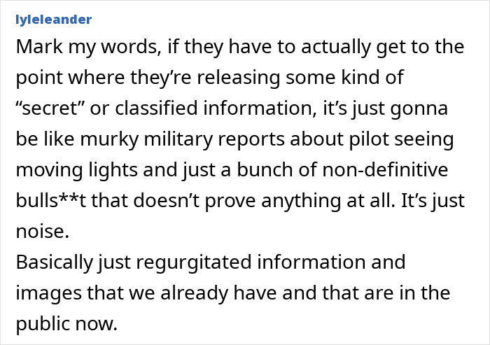 Comment discussing Elon Musk&rsquo;s daughter&rsquo;s UFO accusation against Trump and skepticism about UFO file releases.
