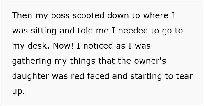 Text excerpt describing a man being fired over a crude drawing while the owner's daughter becomes tearful, revealing a tragic story.