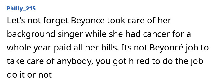 Comment discussing Beyoncé's treatment of a long-time employee amid a heated online debate.