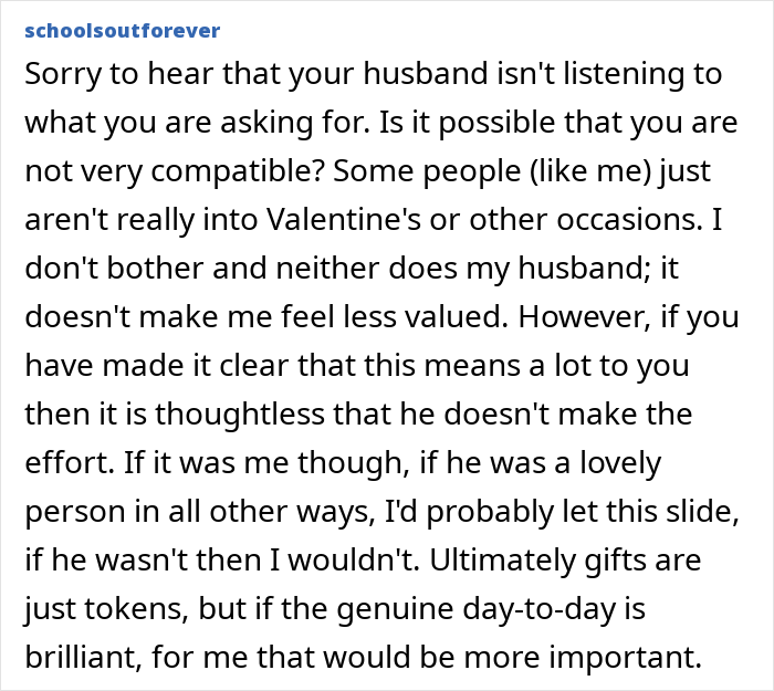 User comment about husband’s lack of consideration and thoughtfulness, discussing feelings and relationship dynamics. User comment about husband’s lack of consideration and thoughtfulness, discussing feelings and relationship dynamics.
