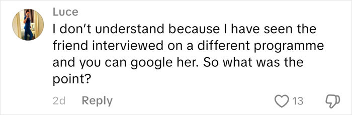 User comment on Netflix documentary, expressing confusion about the interviewee and questioning the creative decision.