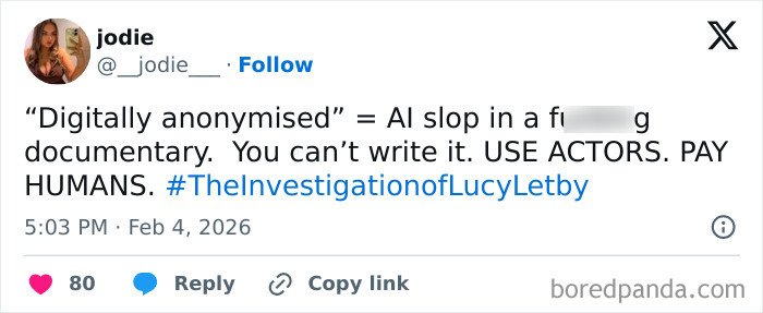 Tweet criticizing Netflix's creative decision in the Lucy Letby documentary, sparking backlash for making it hard to watch.