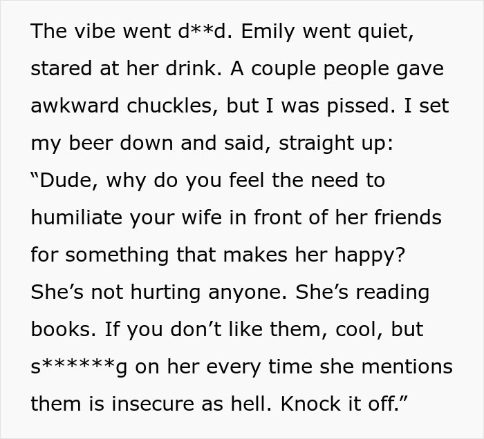 Woman&rsquo;s enjoyment of spicy books sparks tension and embarrassment at a party, leaving her husband humiliated.