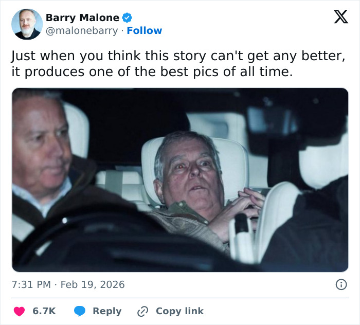 Prince Andrew in a car at night with a concerned expression, highlighting the arrest impact on King Charles. Prince Andrew in a car at night with a concerned expression, highlighting the arrest impact on King Charles.