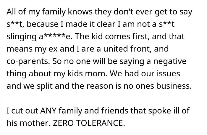 Text about family unity and zero tolerance for negativity regarding co-parenting after divorce.