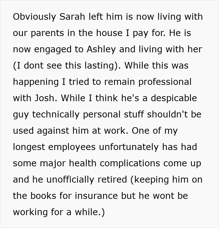 Text describing sister relationship cheater work drama with personal and professional conflicts discussed.