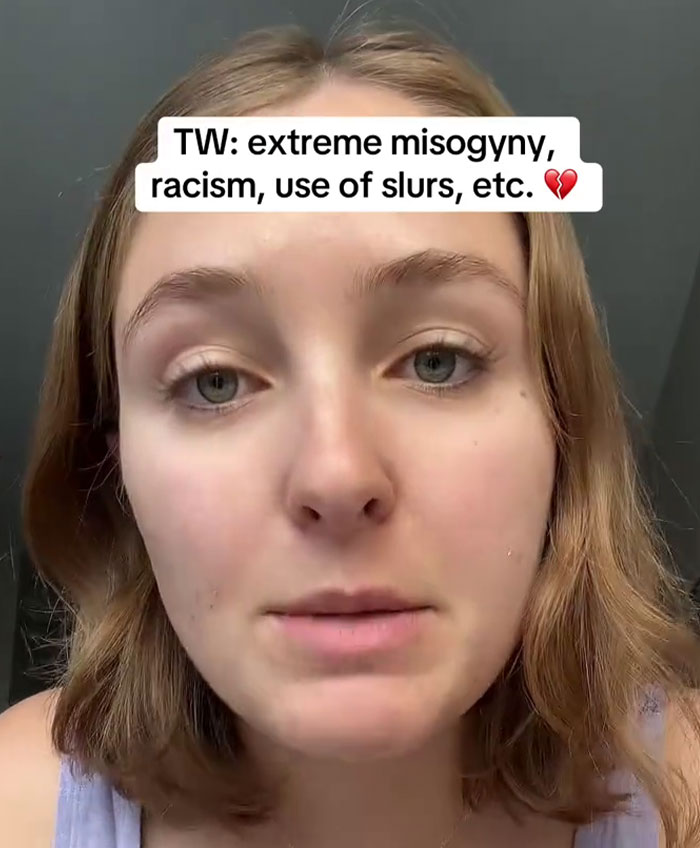 Young woman speaking with a content warning about extreme misogyny and slurs, related to incel forums undercover exploration.