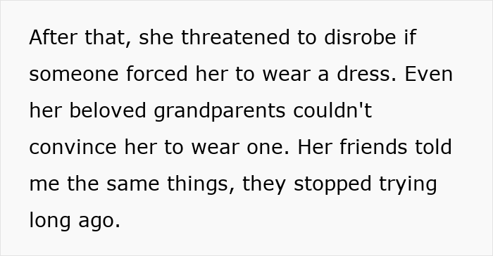 Text explaining a guy struggling with his girlfriend refusing to wear dresses, even for a wedding occasion.