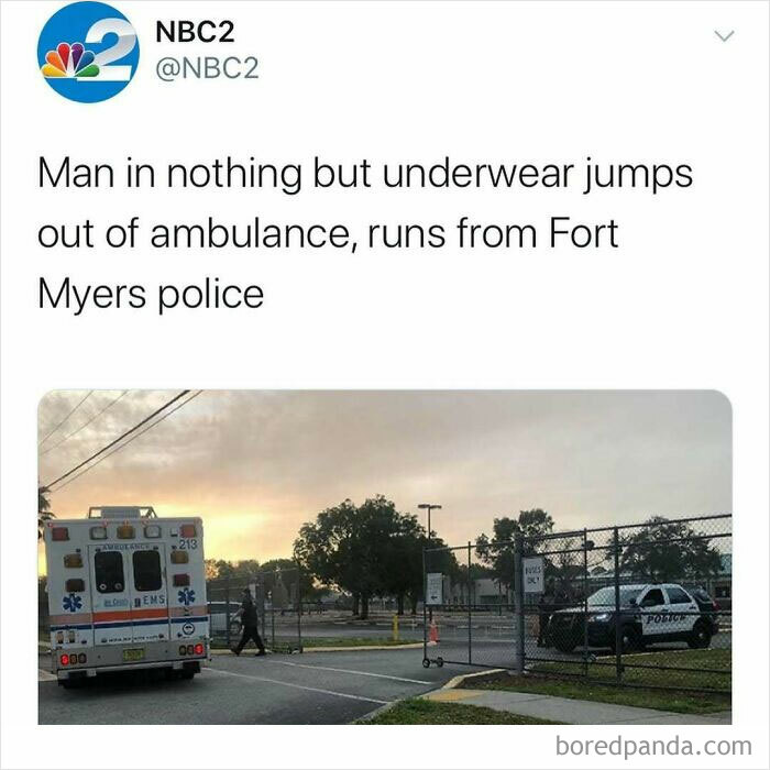 Tweet from NBC2 about a man in underwear fleeing an ambulance and running from Fort Myers police in unhinged news headlines.