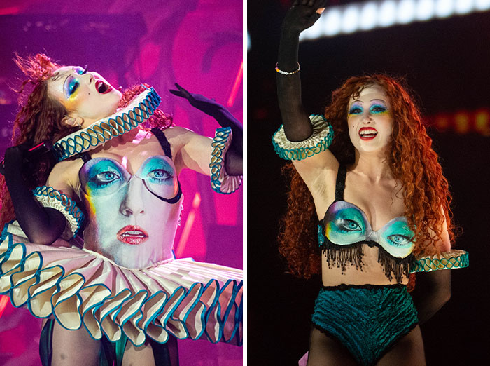 Chappell Roan wearing bold outfits with face art design and vibrant makeup in a brain malfunction-inspired style.