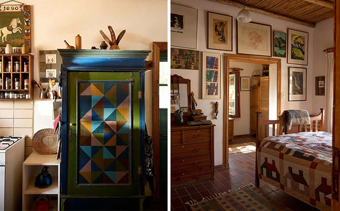 Rustic bold and beautiful interiors featuring colorful geometric patterns and cozy vintage bedroom with wooden furniture and art-filled walls.