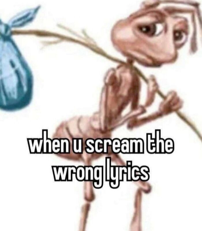 Ant-like cartoon character looking tired while carrying a stick with a bindle, meme about screaming the wrong lyrics, funny cynical humor.