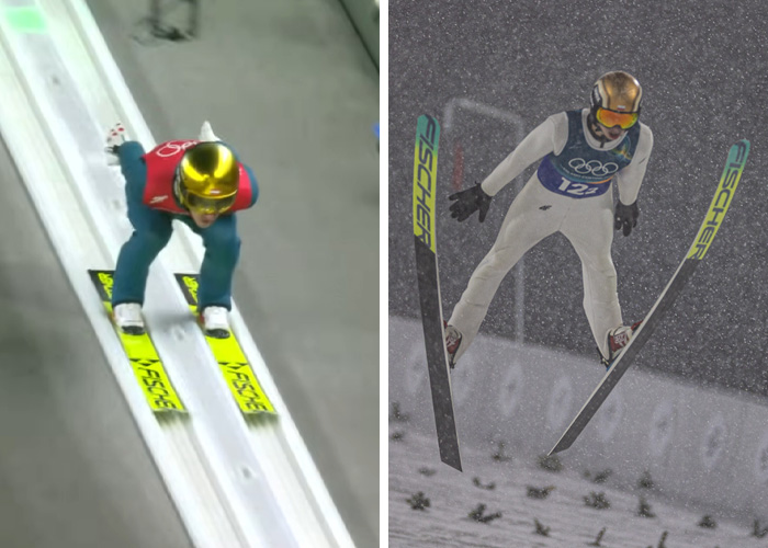 Ski jumpers mid-air during the 2026 Winter Olympics in a display of wild and bizarre moments in the event.