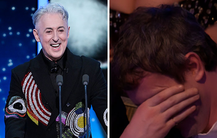 BAFTA host laughing on stage beside celebrity covering face in awkward viral moment at the 2026 ceremony.