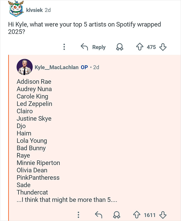 Kyle MacLachlan from Twin Peaks shares his top Spotify artists in a Reddit Q&A session.