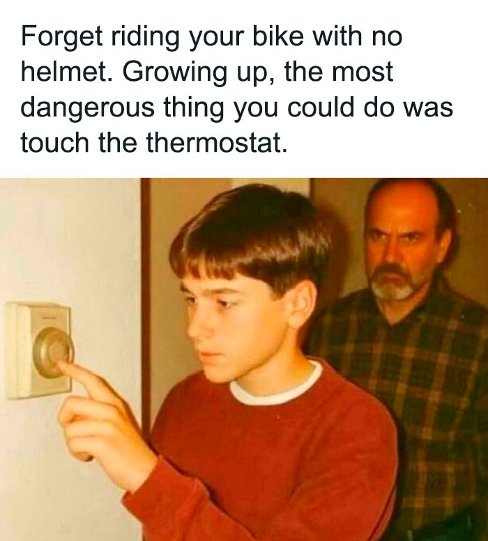 Boy hesitates to touch thermostat while an older man watches, illustrating nostalgic childhood memories from past decades.