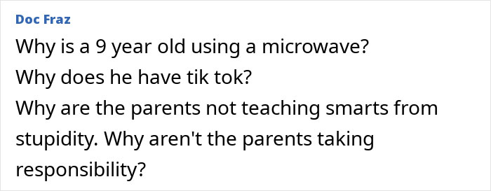 Comment expressing concern about 9-year-old&rsquo;s severe facial burns linked to dangerous TikTok trend and parental responsibility.