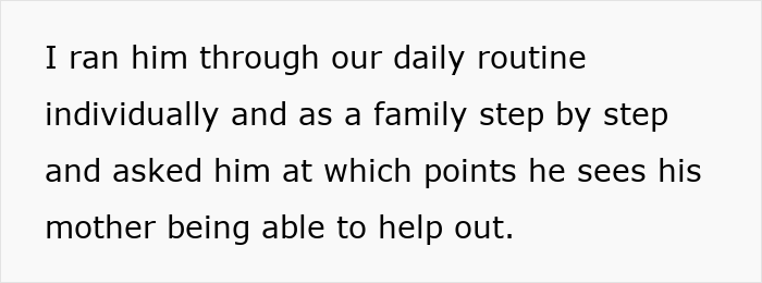 Text excerpt discussing a husband inviting mom to help instead of pitching in, wife goes on strike.