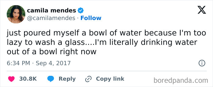 Tweet from Camila Mendes humorously showing extreme laziness by drinking water from a bowl instead of a glass.