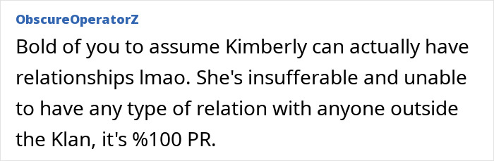 Comment text on a white background from user ObscureOperatorZ discussing Kimberly's relationship status and character traits.
